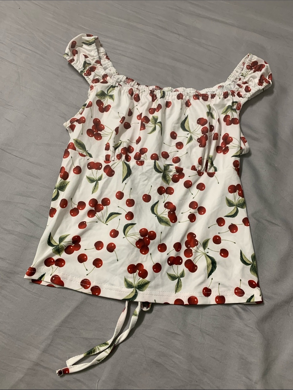 White Cherry-Print Off-Shoulder Tank Top